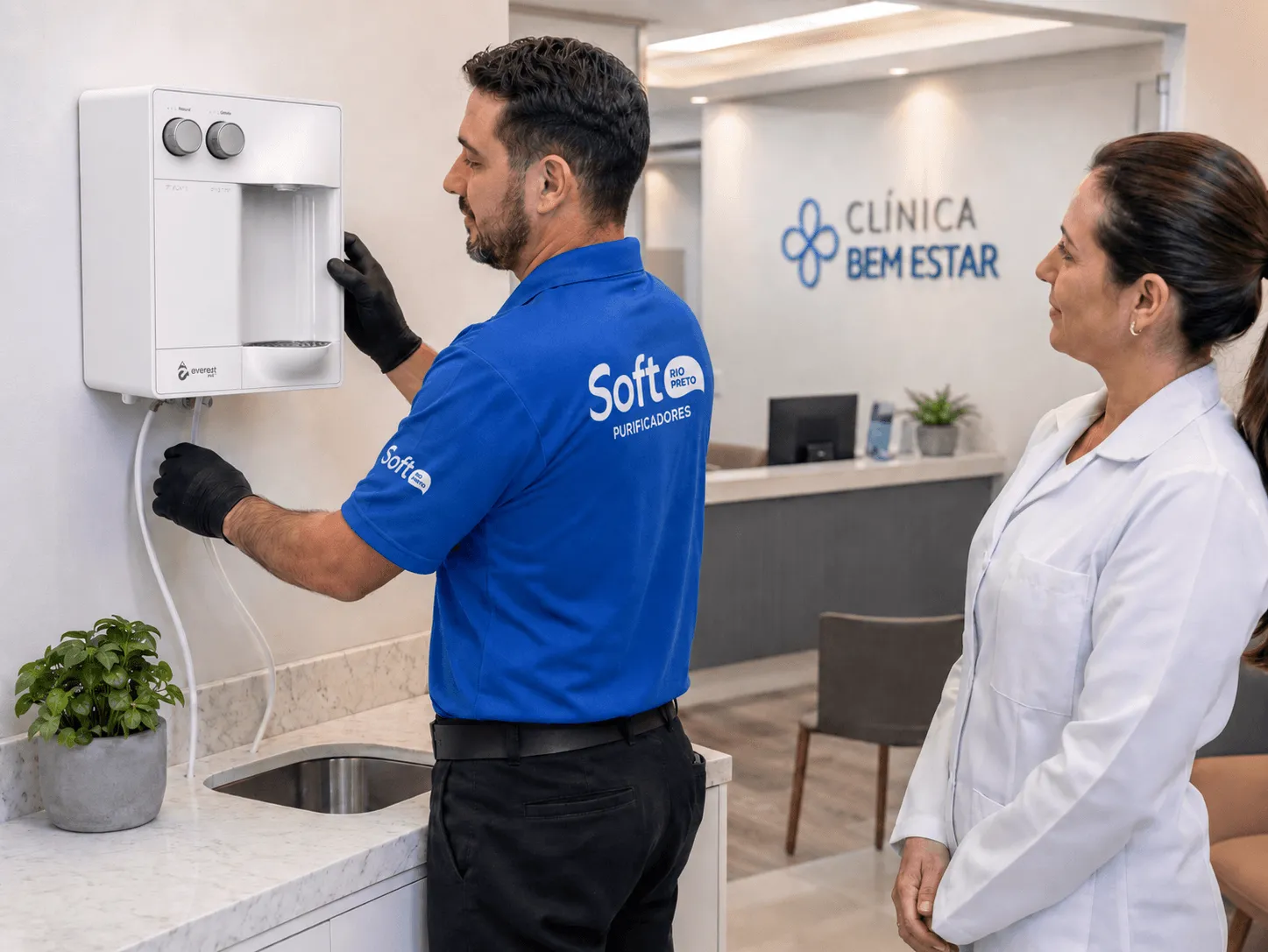 Técnico Soft Rio Preto instalando purificador Everest em clínica
