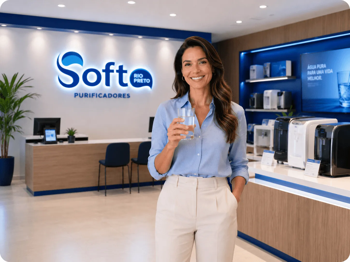 Loja Soft Purificadores Rio Preto com atendente segurando copo de água
